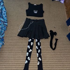 Skull Gothic Emo Top, Skirt, & tights outfit 🖤💀